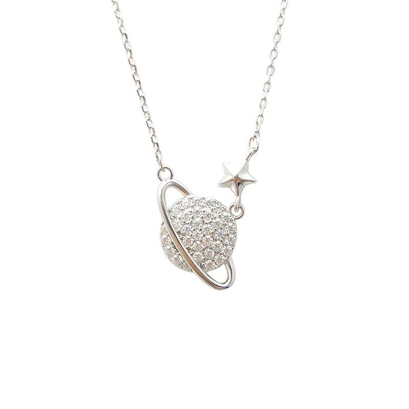 925 Sterling Silver Planet Necklace , Dazzling Star Charm Pendant , Trendy Minimalist Collarbone Chain for Women , Birth 925 silver белый