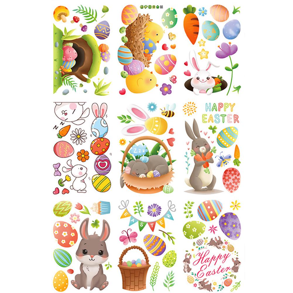 9 Pcs Electrostatic Window Stickers Cute Colorful Cartoon Eggs Rabbits Chicks Flowers Easter Elements Pattern Glass Decals 20x30cm
