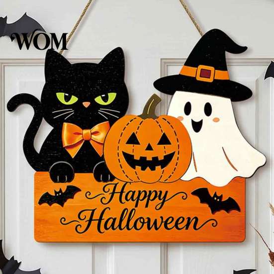Halloween Wooden Door Sign with Hemp Rope Lanyard, Pumpkin Ghost Printed Hanging Cute Front Plaque Plaque, Wall Art for Porch Party Solid Wood Festive