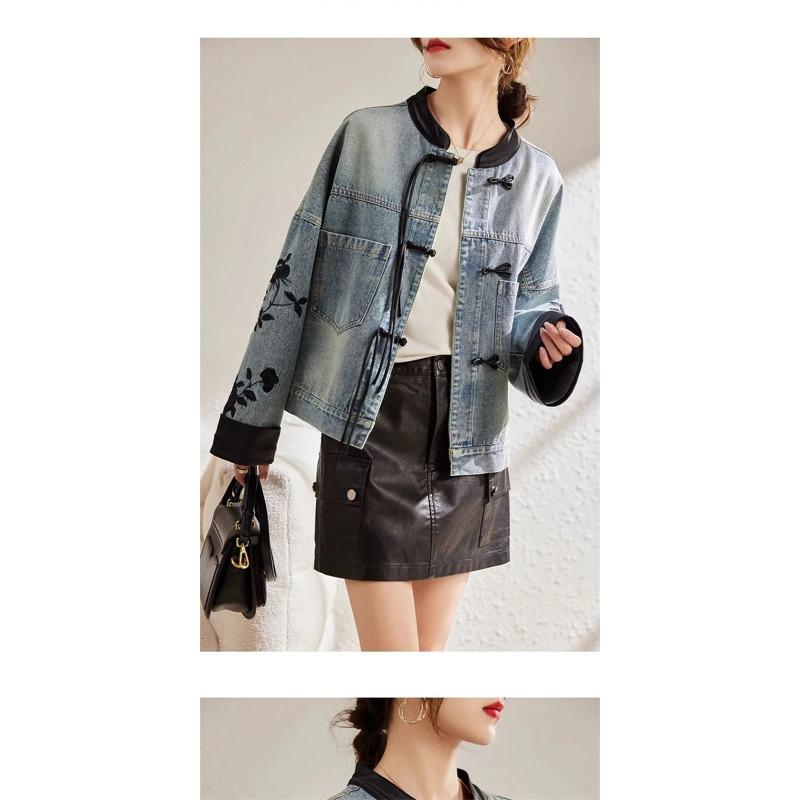 Veste en jean pour femme Printemps Automne Brodé Style Chinois Mode Polyvalente Vêtements en jean Haut de gamme pour femme