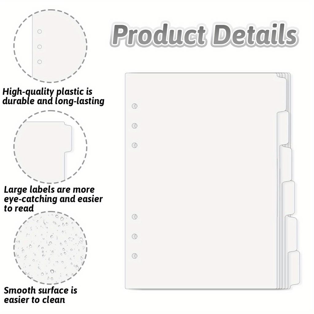 6pcs A5 Binder Dividers Planner Insets 6 Tabs Clear Acrylic Index Divider Refillable Page Protectors for 6 Ring Binder Notebook (A5)