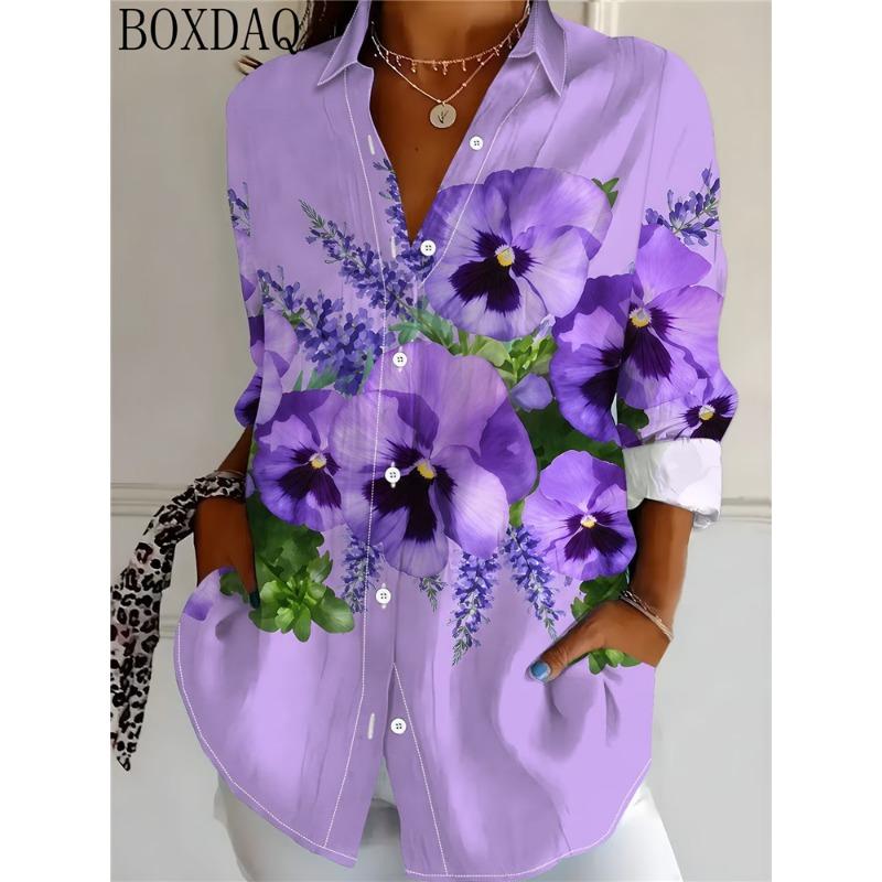 2026 New Women's Blouse Casual 3D Flower Pattern Printed Long Sleeve Lapel Button Loose Shirts Fashion Women's Clothing Tops