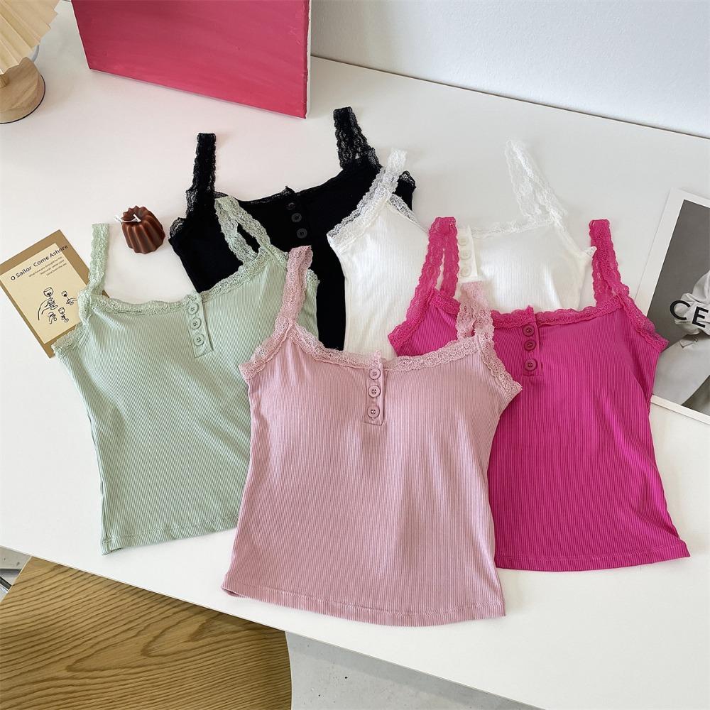 Camiseta sin mangas acanalada de encaje, Tops cortos con cuello Halter para mujer, camisola con botones, camisola con espalda al aire, chaleco recortado sin mangas de tubo de punto a la moda para mujer