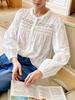 Damenbluse im europäischen Stil mit französischer Stickerei, langen Ärmeln und in Weiß