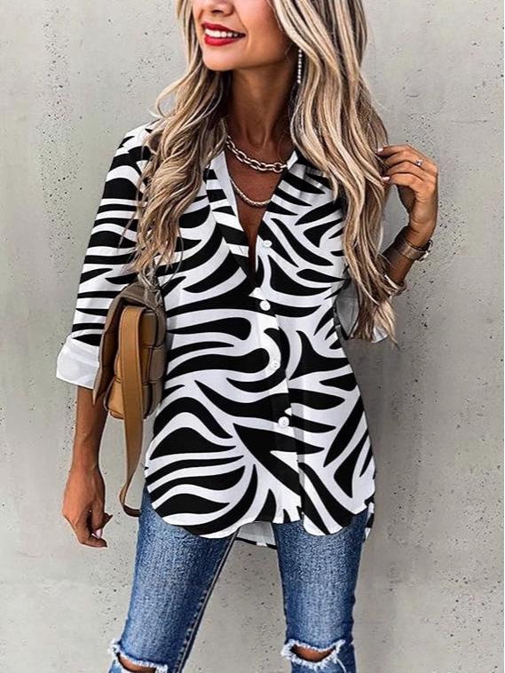 2026 Autumn/Winter Women's Retro Zebra Print Lapel Shirt - Loose Three-Quarter Sleeve Fashion Top.