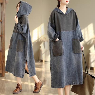 DIMANAF Kadın Büyük Beden Denim Elbise Vintage Bayan Pamuk Bol Kesim Günlük Temel Elbiseler Maxi Uzun Elbise Mavi