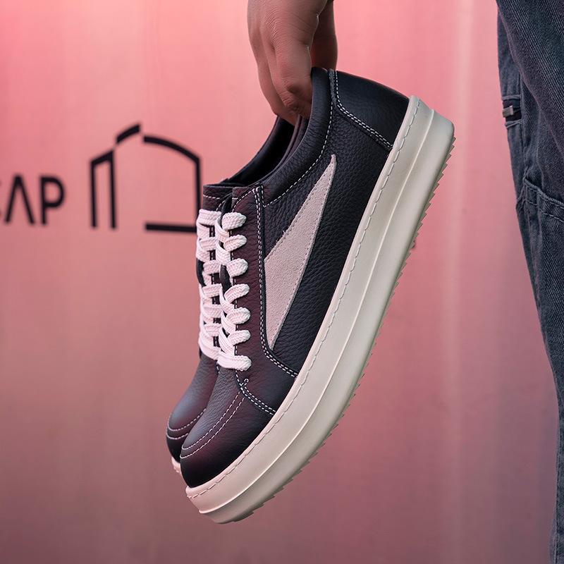 

Трендовая марка мужской обуви из коровьей кожи первого слоя, повседневная нишевая обувь с маленьким треугольником, утолщенная подошва с увеличением высоты, повседневная обувь для скейтборда, американская черно-белая, низкий верх 38