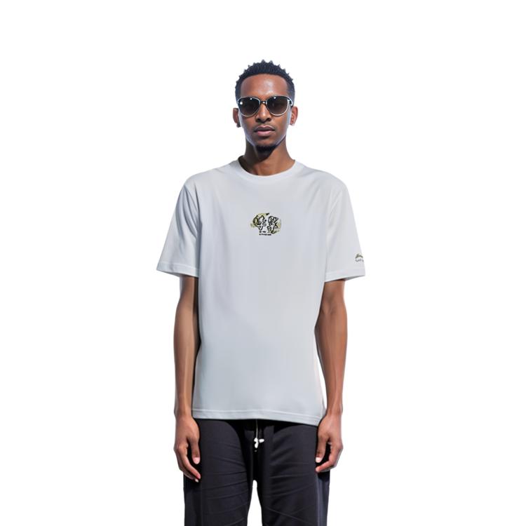 Li Ning Sports Fashion Collection T Shirts Men's White Crew Neck Moderate Straight Fit AHSR517-1