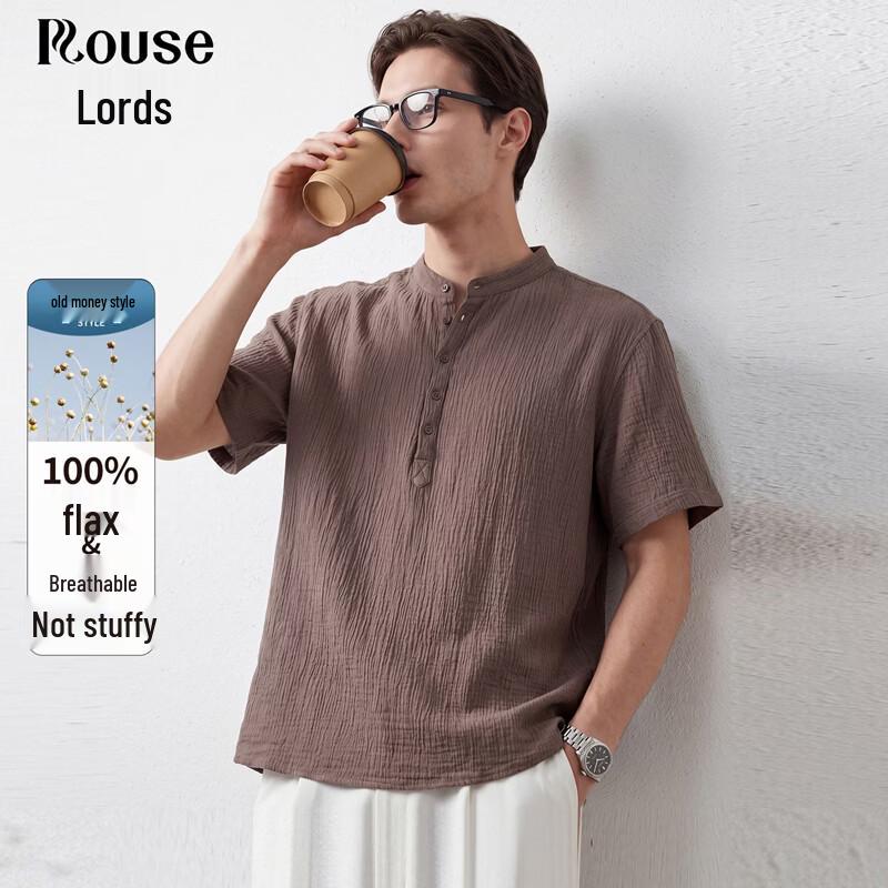Luozi Men s 100% Linen Henley Collar Short Sleeve T-Shirt 175 кофейный