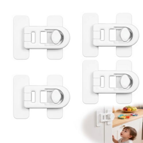 KOHVAN 4 Pack Child Safety Locks for Cabinets - Baby Proofing Latches No Drilling Adhesive White - Window Toilet Fridge Drawer Locks for Toddlers