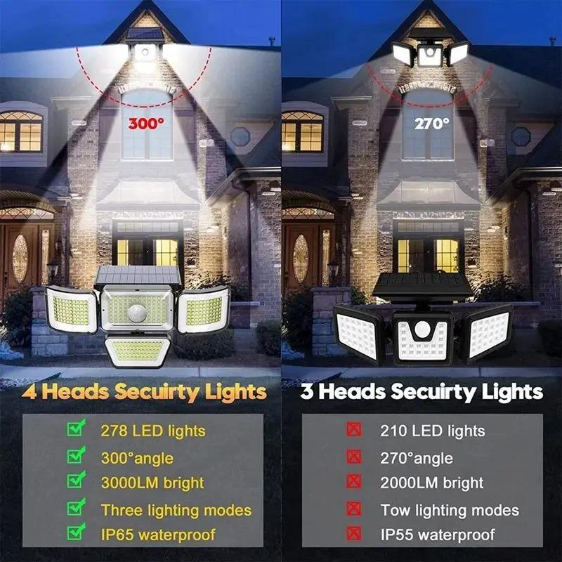 278LED Solar Lights 4 Head Adjustable with 3 Lighting Modes IP65 Waterproof Solar Lights Outdoor Garden Security Lights