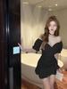 Bubble Sleeve V-Neck Dress: Elegant Low-Cut Dress with Ruffles, Pleats, and Tummy-Concealing Slim Fit for Women