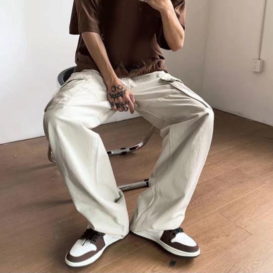 Mannen Cargobroek Rechte pijpen Meerdere zakken Effen Kleur Rits Knoopsluiting Elastische bandgesp Warme losse verstelbare taille Herenbroeken Herenkledingstuk