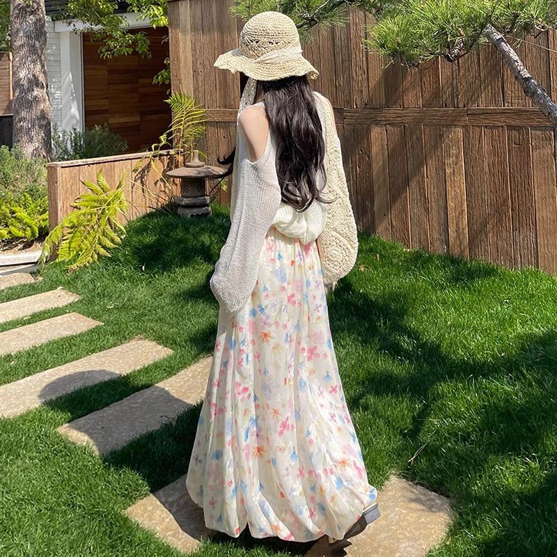 Colorful Puffy Flower Bud Skirt for Women In Summer Mid-length Floral Skirt Gentle Style High Waist Slim A-line Long Skirt