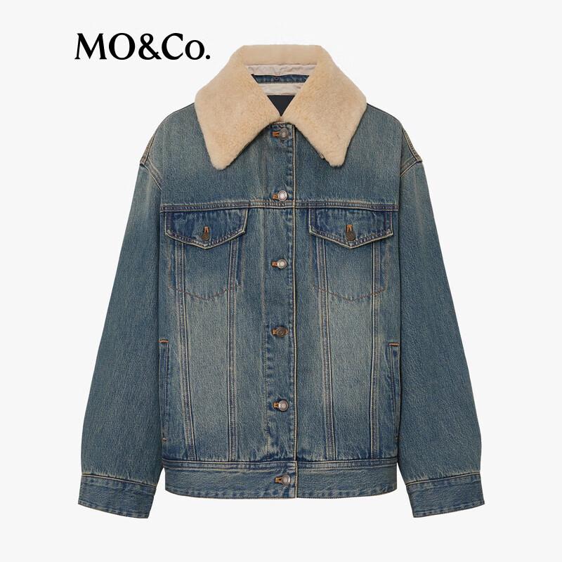 MO&Co. Plush Collar Retro Washed Denim Jacket