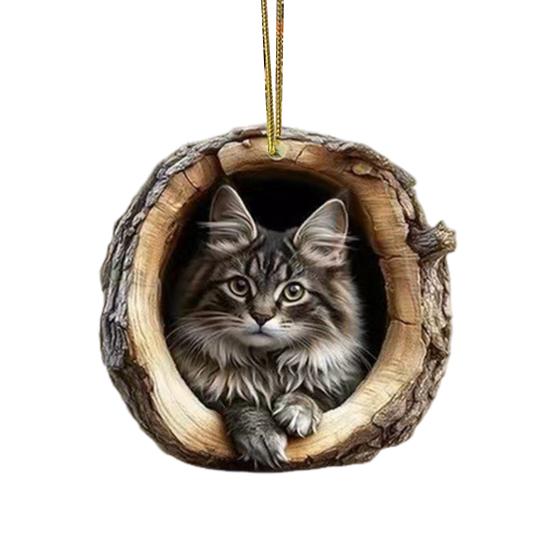 2D Kočičí Dekorace Závěsná Akrylová Kočka v Dírce Stromu Dekorace Ozdoba na Vánoční Stromek pro Milovníka Koček Dárek Slavnostní Dekor