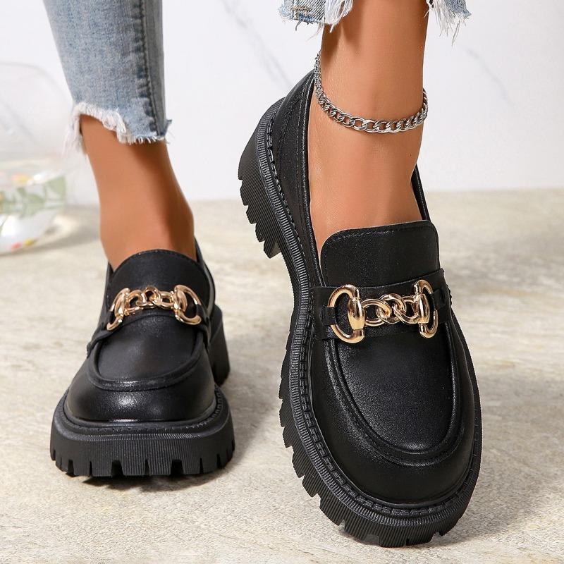 Women's Thick Heel Shoes Spring New Round Head Deep Mouth Metal Chain Thick Sole Anti-slip Wear-resistant Loafers