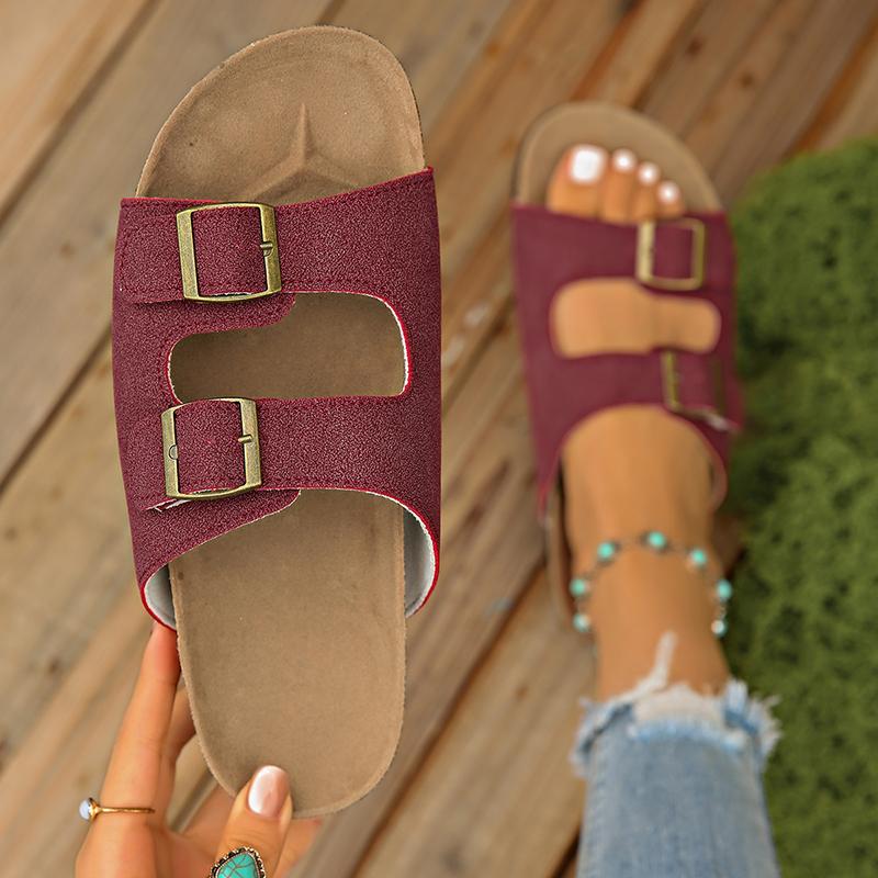 

Fashion Fashion Double Buckle Cork Slippers Women 2025 Summer Open Toe Flat Clogs Shoes Woman Plus Size 35-43 Non Slip Beach Sandals 43 вино красного