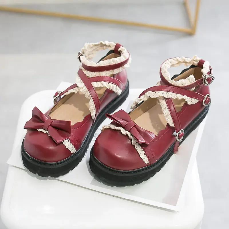 

Fashion Gothic Lolita Shoes Women Cute Red Role Play Shoelaces Bow Princess Shoes Student Girls Cross Strap Mary Jane 35 червоний