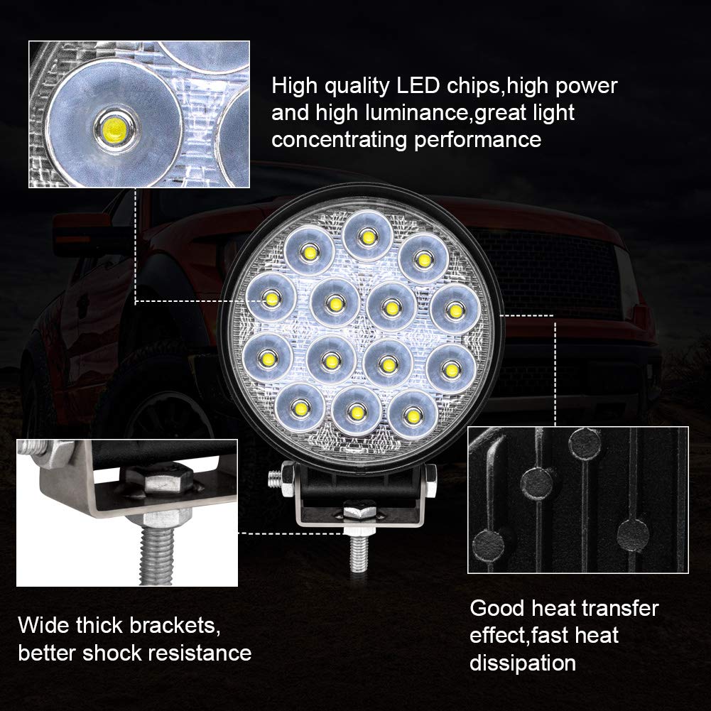 Safego 42W LED Work Light, Round, Wide Angle (60 degrees), LED Exterior Light for Vehicles, Agricultural Machinery, Off-Road Vehicles, Parks, Gardens,