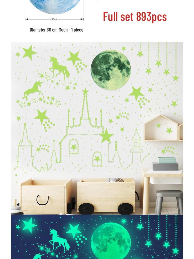 893-Piece Luminous Moon, Unicorn, Stars & Dots Fluorescent Wall Stickers for Children's Bedroom