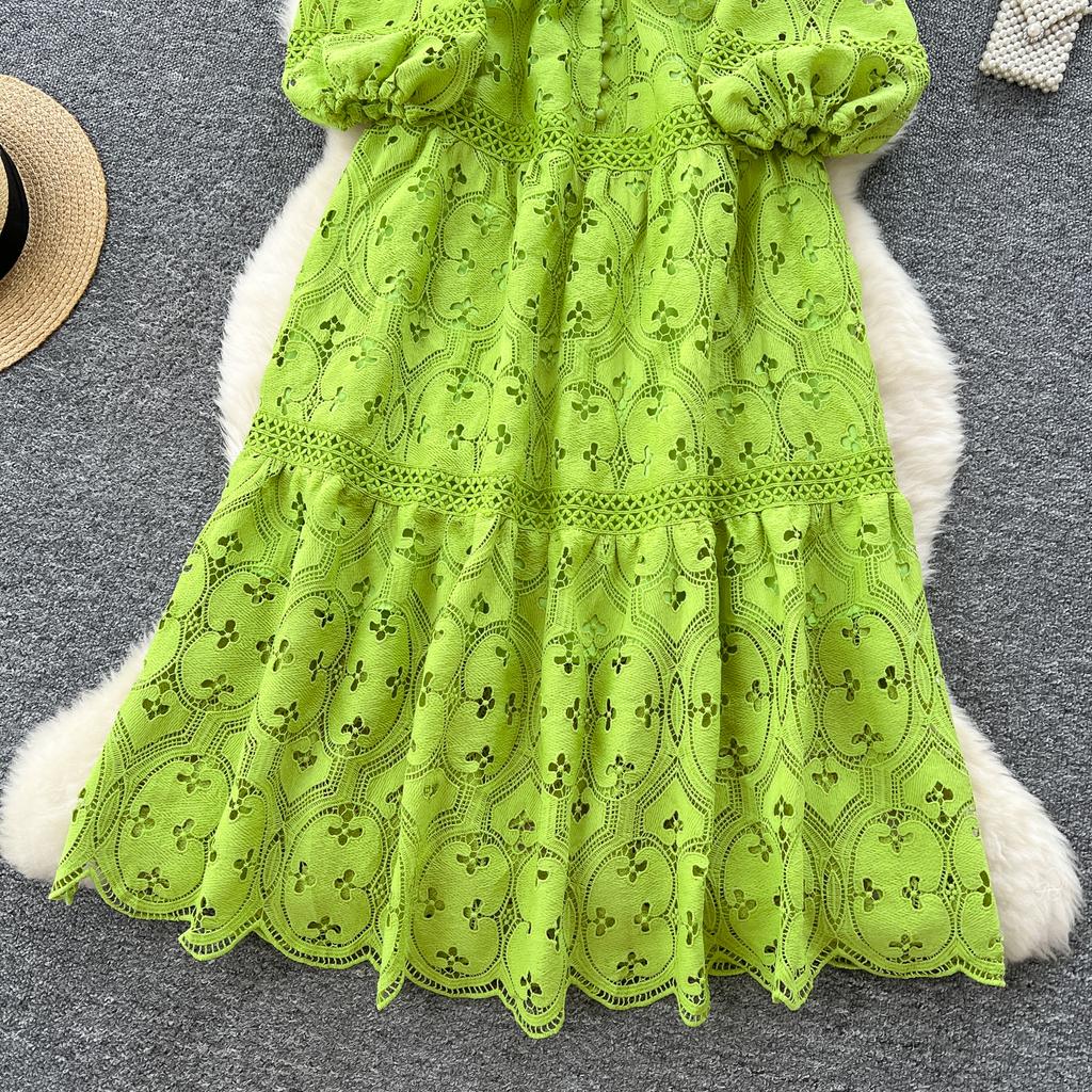 Frühling Sommer Frauen V-Ausschnitt Laterne Ärmel Stickerei Spitze lange Maxi Partykleider