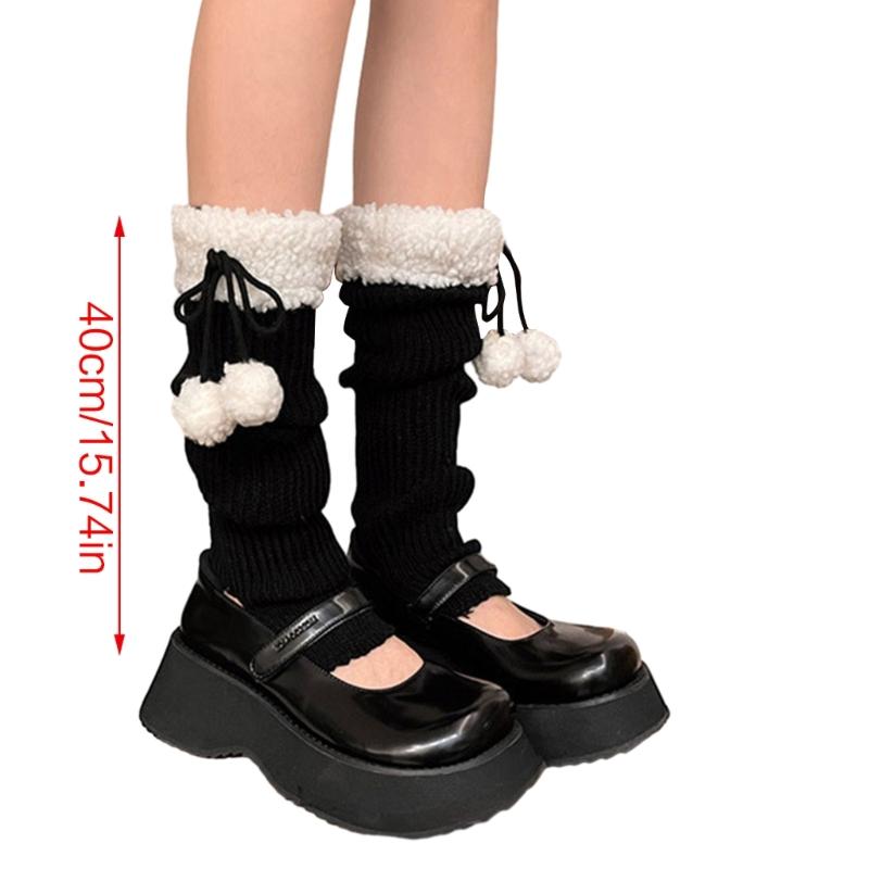 Lolitas Leg Warmers for Women Girls White Ball Knitted Leg Sleeves Winter Warm Ankle Heap Socks JK Uniform Foot Cover