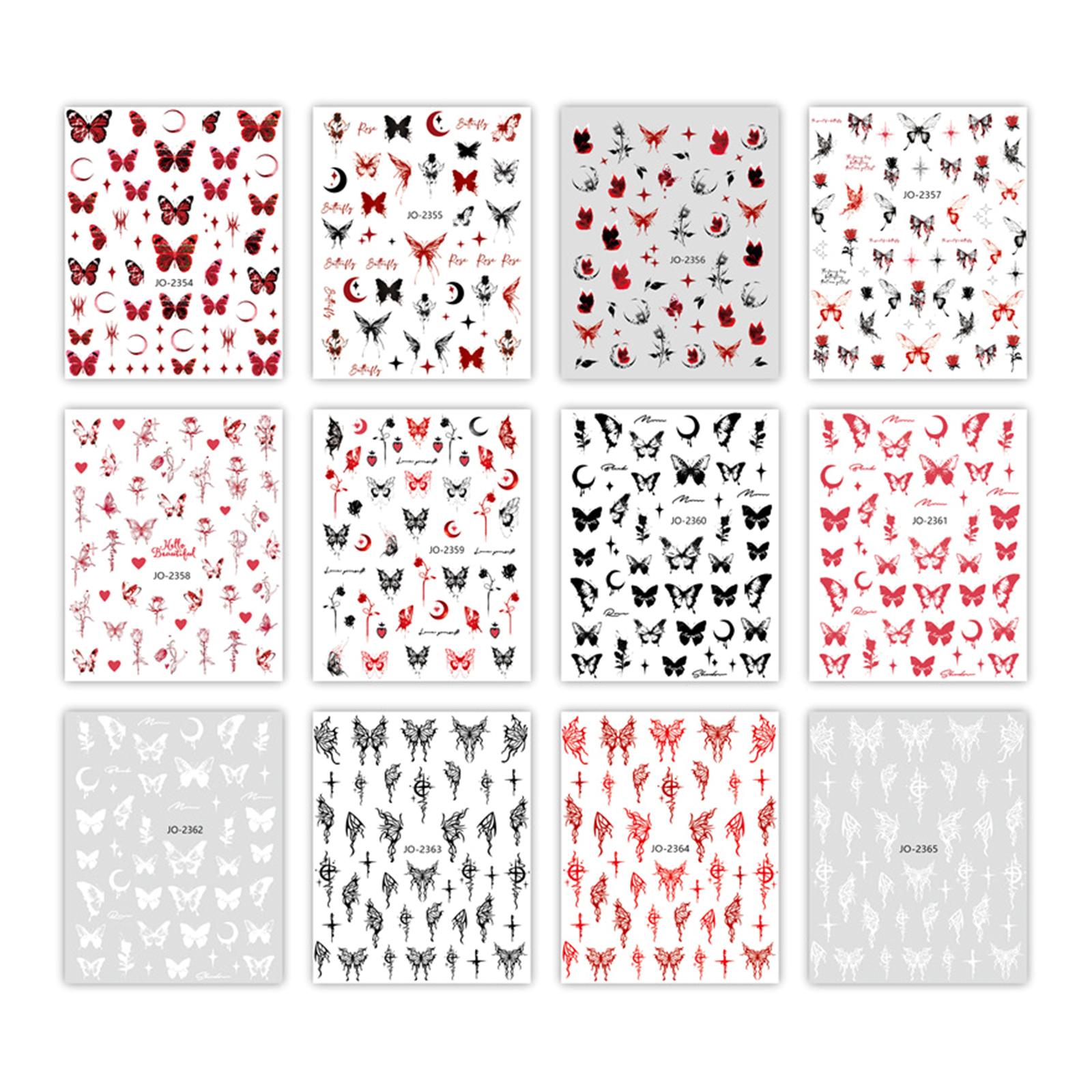 

12 листов темно-черных, красных, белых, бабочек, луны, звезд, цветов, самоклеящиеся наклейки для дизайна ногтей, украшения для маникюра, аксессуары