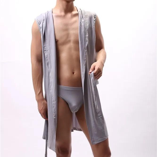 

Европейская версия, мужской халат, мужская шелковистая пижама без рукавов, мужская ночная рубашка с капюшоном, халат, мужская ультратонкая домашняя одежда XXXXL