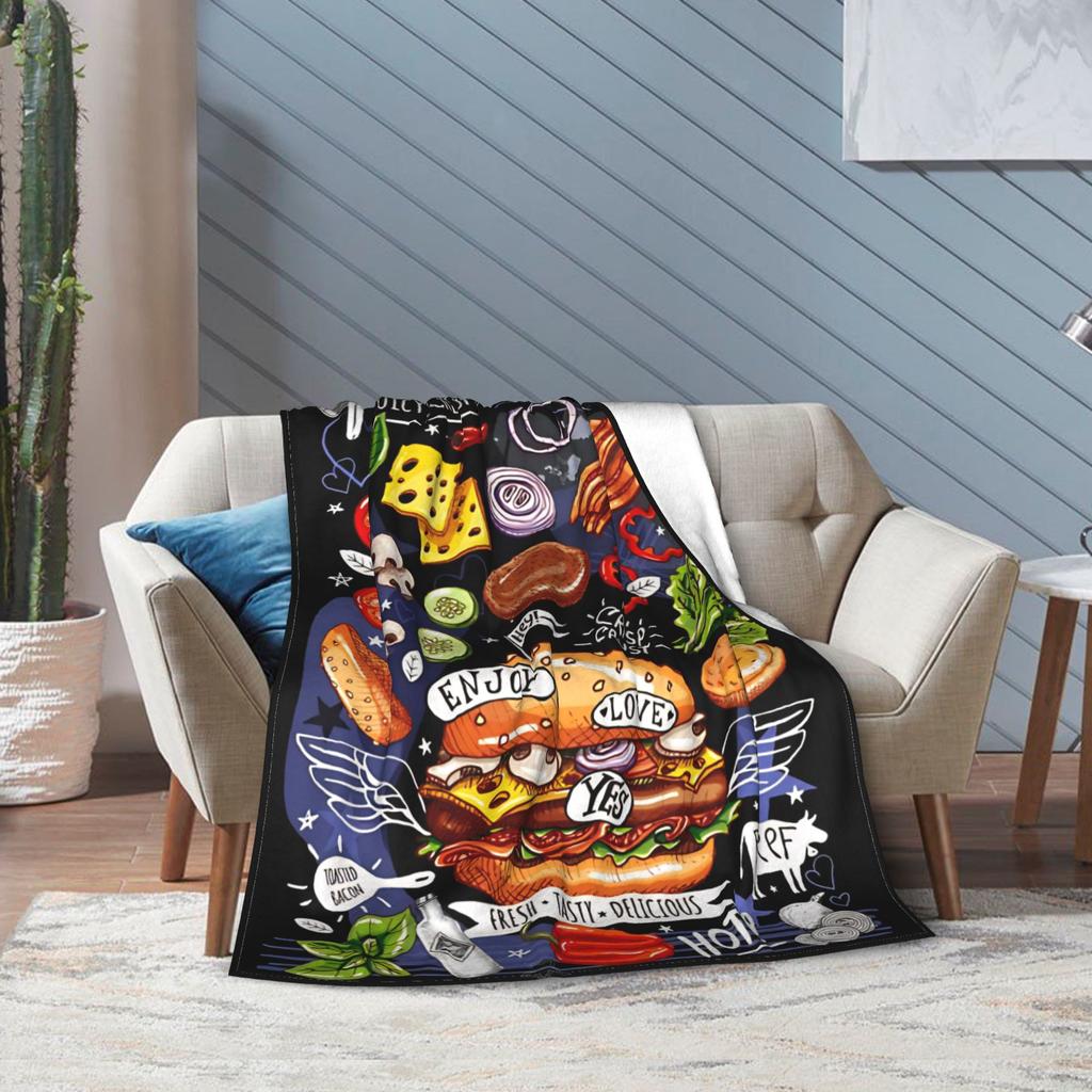 Poster Fast Food Cooking Hamburger Cheese Flannel Blanket Burger Creative Throw Blanket for Home Hotel Sofa 200x150cm Super Soft