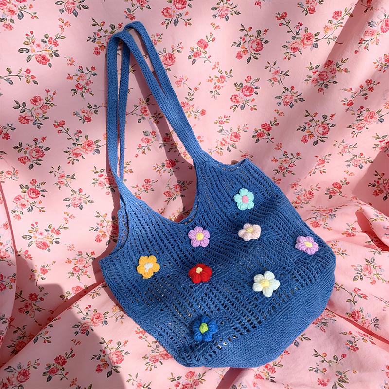 New Summer Hollow Out Knitted Single Shoulder Bag Women Chic Flowers Large Capacity Commuter Tote Bags Casual Underarm Bag