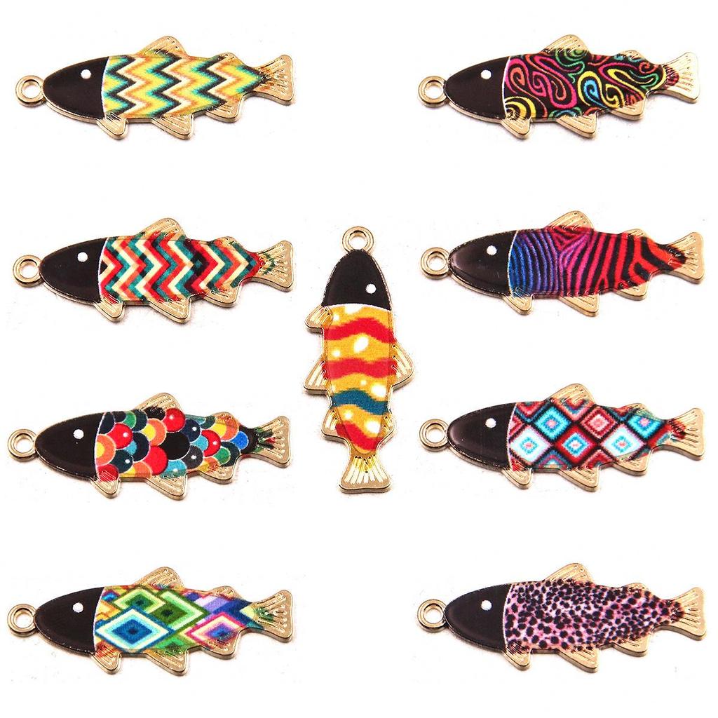 9-Color Small Fish Pendant, 14x35mm Alloy Charm, KC Gold Enamel Sea Animal Accessory