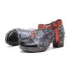 7.5cm Sheepskin Leather PU Ethnic Summer Chunky Heel Women Handmade Print Ladies Fashion Moccasins Metal Decoration Shoes