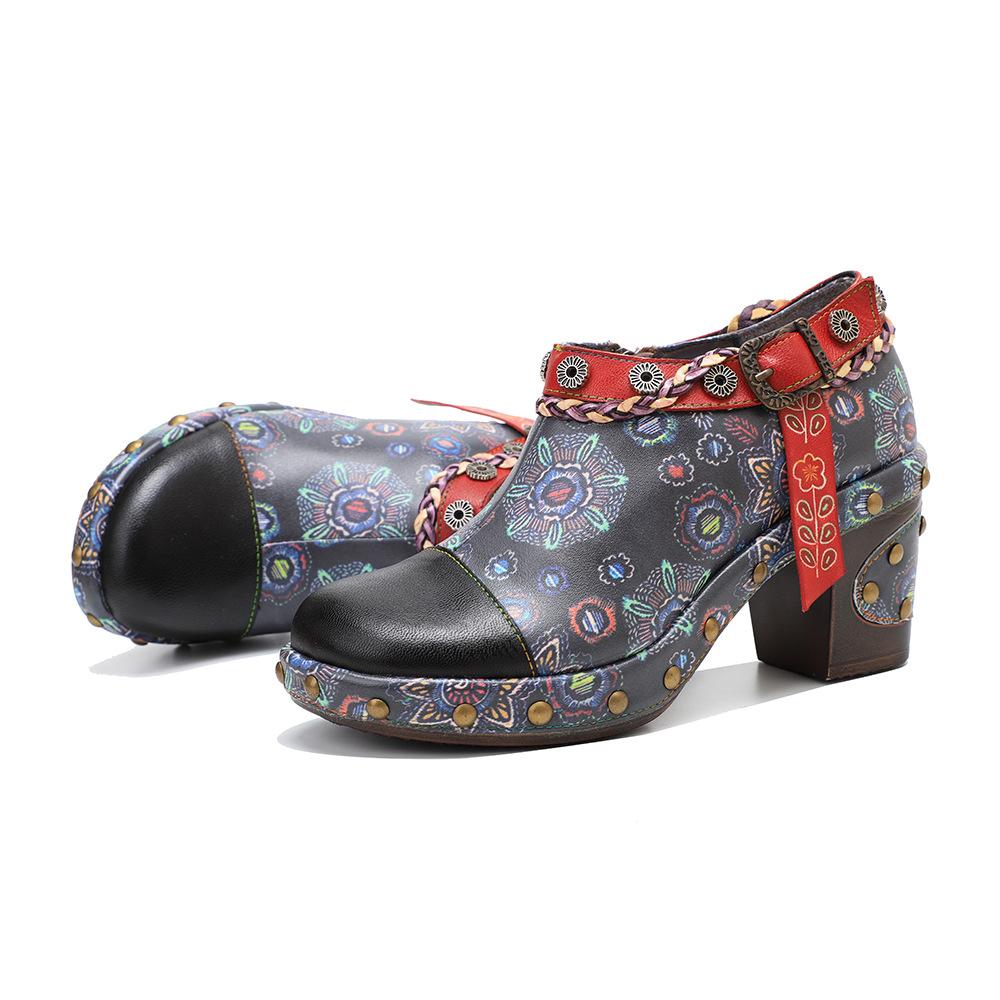7.5cm Sheepskin Leather PU Ethnic Summer Chunky Heel Women Handmade Print Ladies Fashion Moccasins Metal Decoration Shoes