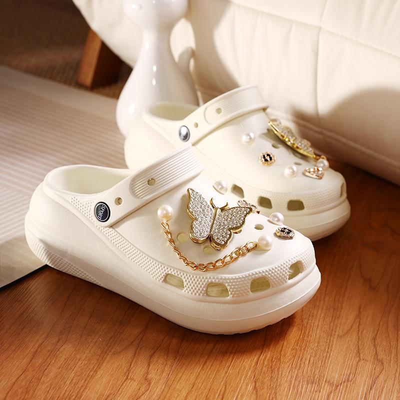 

New EVA thick-soled hole shoes women wear sandals in summer, breathable half-tray height-increasing baotou women s beach sandals 36 бежевий