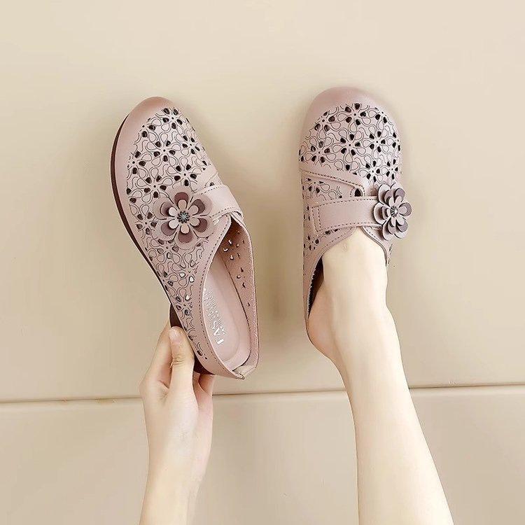 Soft Leather Hollow Breathable Soft Sole Middle-aged and Elderly Baotou Half Slippers Women's Summer Casual Versatile Non-slip Comfortable Mother Sho