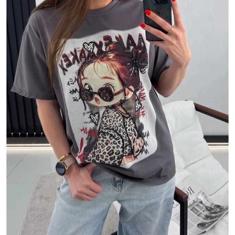 Loose Printed T-shirt Top Western Style New Fashion Print Letter Loose Cotton T-shirt Top