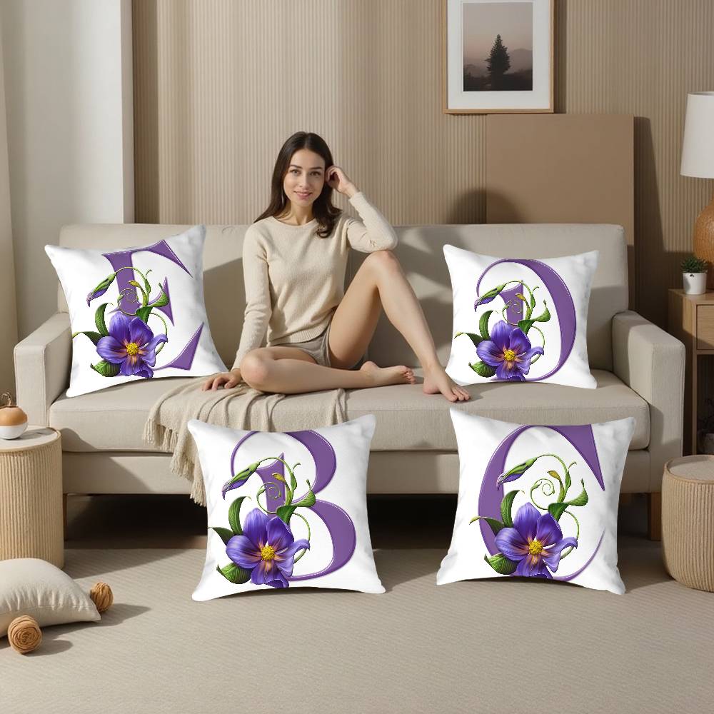 Simple Purple Flower Letters Pillow Case Plush Fabric Soft Double Sided Print Sofa Cushion Cover Throw Pillow Covers