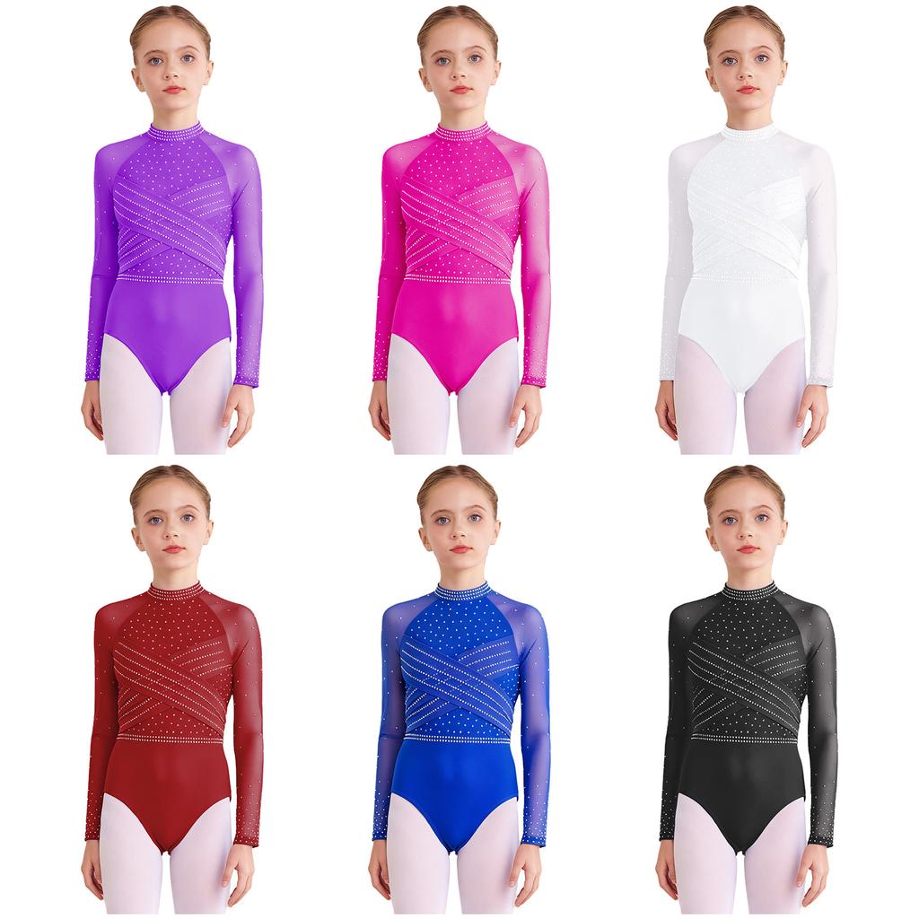 Dívčí průhledný síťovaný trikot s dlouhým rukávem, kamínky, gymnastický, s vykrojením vpředu a vzadu, body
