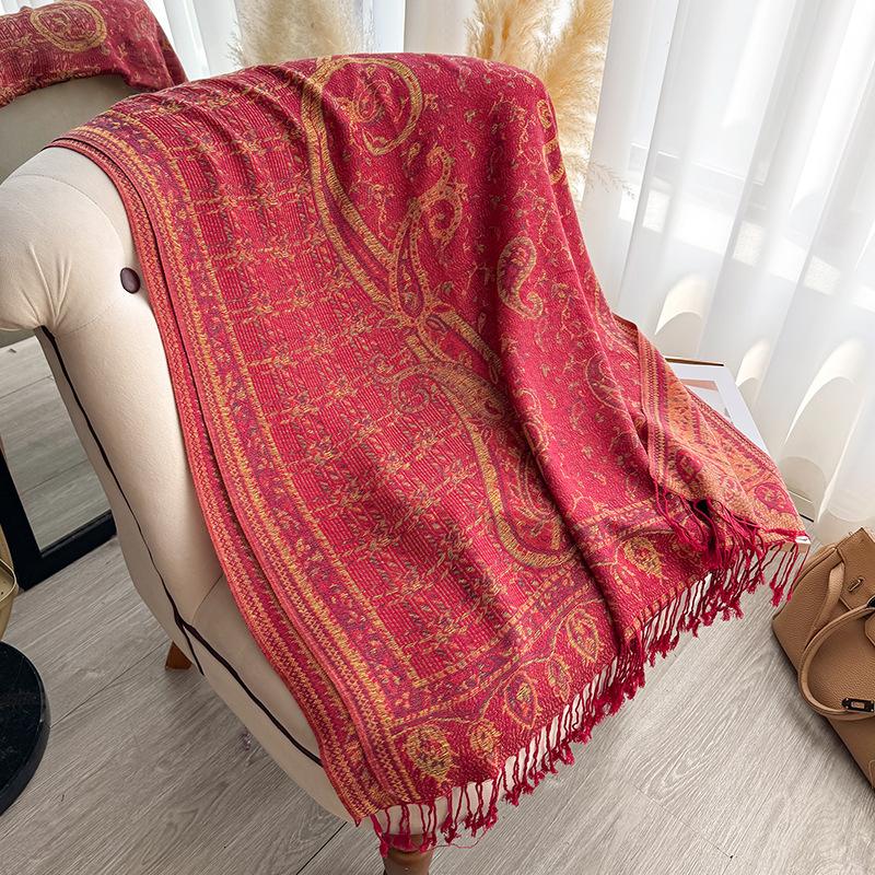 Jacquard Scarf Shawl Tassel Cashew Jacquard Ethnic Style Scarf Women's Autumn and Winter Retro Scarf Warm and Cold-proof Shawl