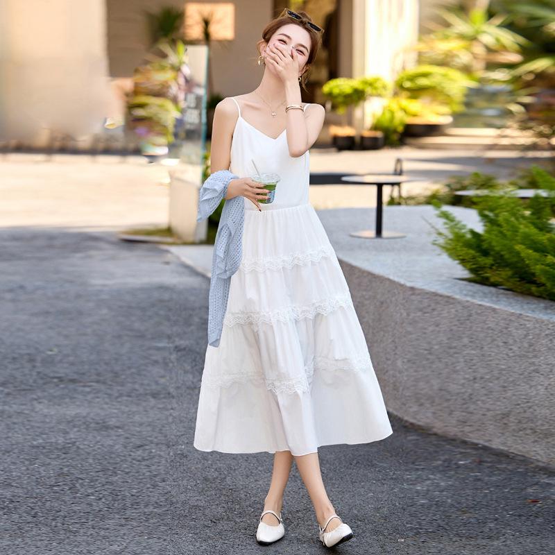 2025 Summer Women's White Sunscreen Spaghetti Strap Two-Piece Dress Set - Petite Slimming Fit (YF2563)