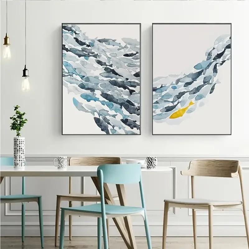 Watercolor Fish Group Wall Art Canvas Posters Golden Fish Blue Prints Canvas Paintings for Living Room Kitchen Frameless