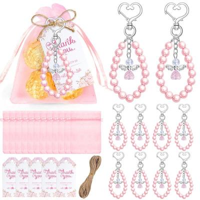 10 Jeux Porte-clés Ange Cadeau, Porte-clés Ange Perle Cadeaux en Gros Porte-clés Pendentif Ange Gardien Avec Étiquettes Merci Sac en Organza