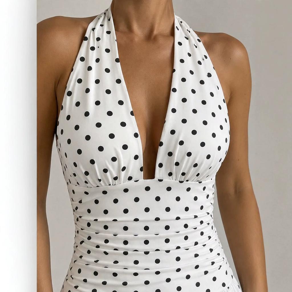 European and American Vacation Spice Girls Style Sweet Neck Deep V Short Skirt, Polka Dot Design Sleeveless Backless Dress