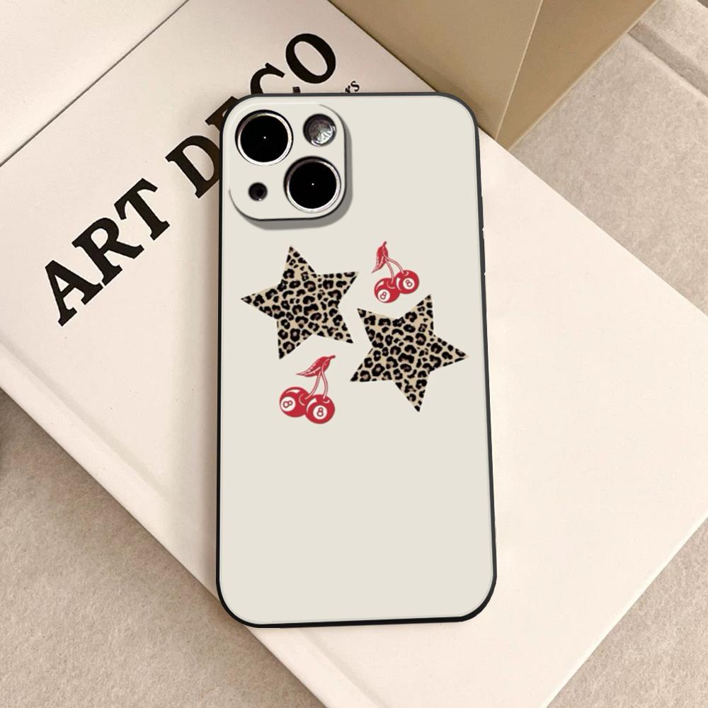 Leopard Print Cherry Star Phone Case FOR IPhone 15 Pro Max 14 11 12 Pro 15 16 Plus 13 Pro MAX XR XS Black Soft Covers