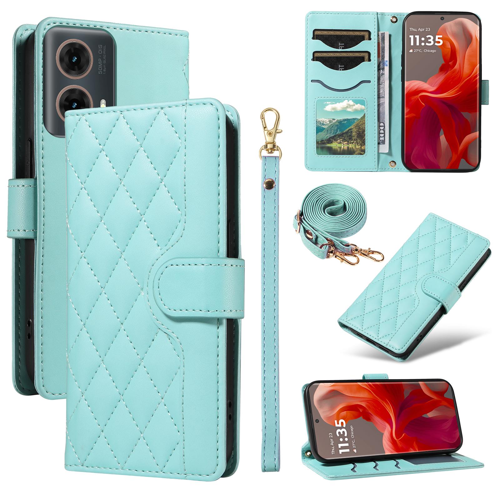 

Чехол-кошелек для Motorola Edge 50 Fusion 5G из ромбовидной кожи, чехол для телефона с плечевым ремнем, ремешком на запястье Green