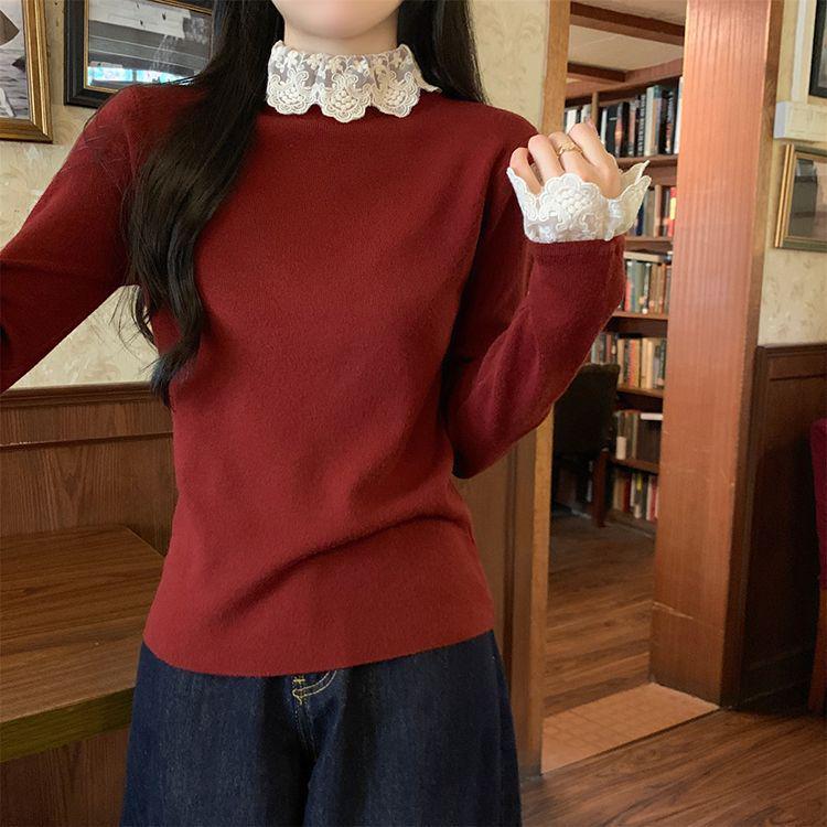 Korean Lace Patchwork High Neck Sweater - Slimming & Flattering Long Sleeve Top for Women