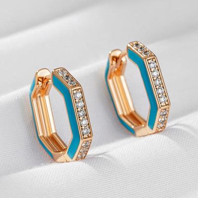 Blue Enamel Gold Plated Hoop Earrings Micro Inlay White Zircon Party Statement Jewelry