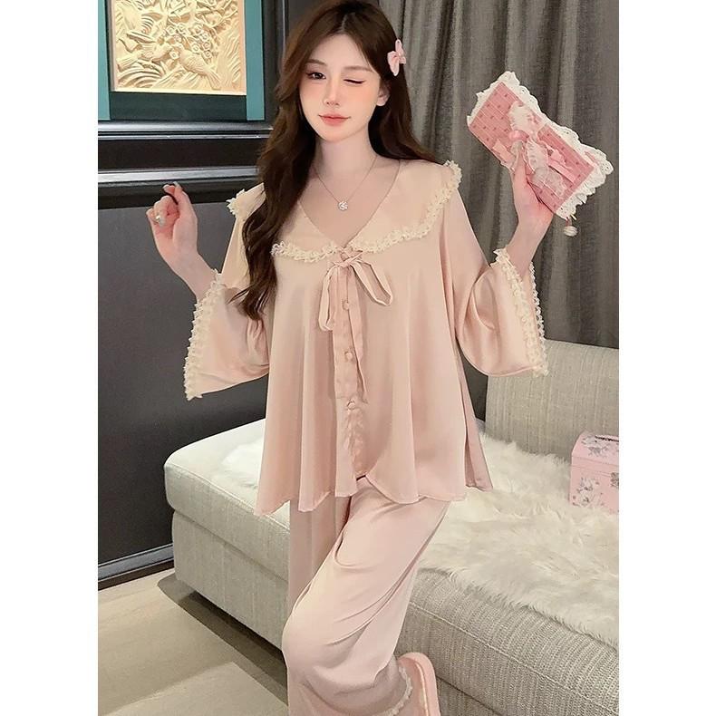 Women's Chiffon Pajama Set - Sweet Spring & Autumn Style, Doll Collar, Long Sleeves & Pants, Elegant & Lightweight Homewear