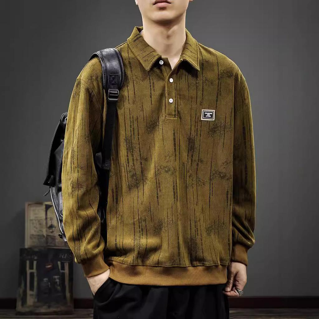 Spring And Autumn Texture Heavy Knitted Sweater Men'S American Printed Paul Shirt Autumn Loose Long Sleeve Polo Shirt